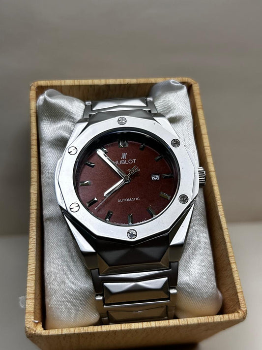 Hublot Automatic Watch - Burgundy Dial Steel Timepiece